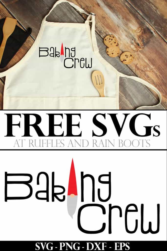 Split vertical image of an apron with a baking crew SVG made with vinyl featuring a little gnome in the design.