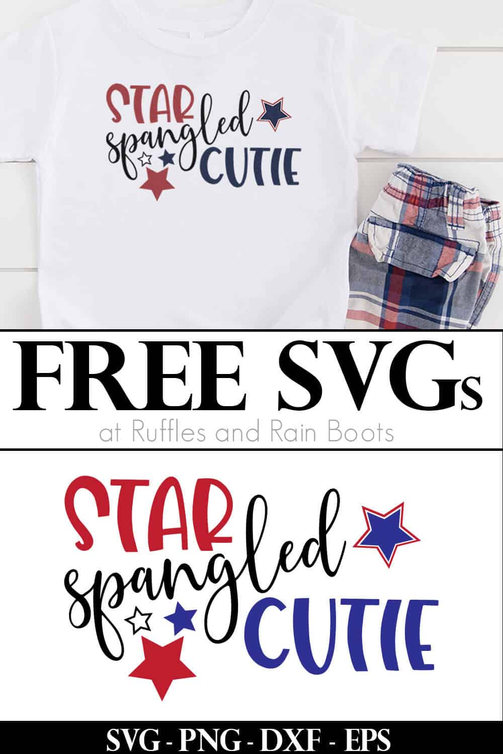 collage of t shirt with red white and blue design on white wood and free cut file on white background with text which reads free svgs for cricut and silhouette 