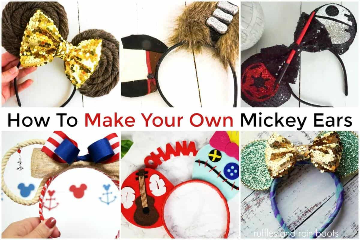 collage of DIY Mickey ears for Disney including star wars characters disney princesses and more