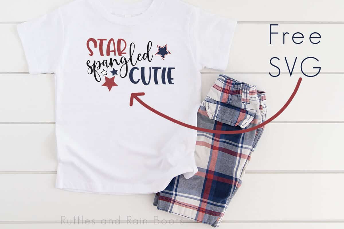 free svg for cricut cutie patriotic svg on white t shirt with red white and blue shorts on white wood background with text which reads free svg for cricut