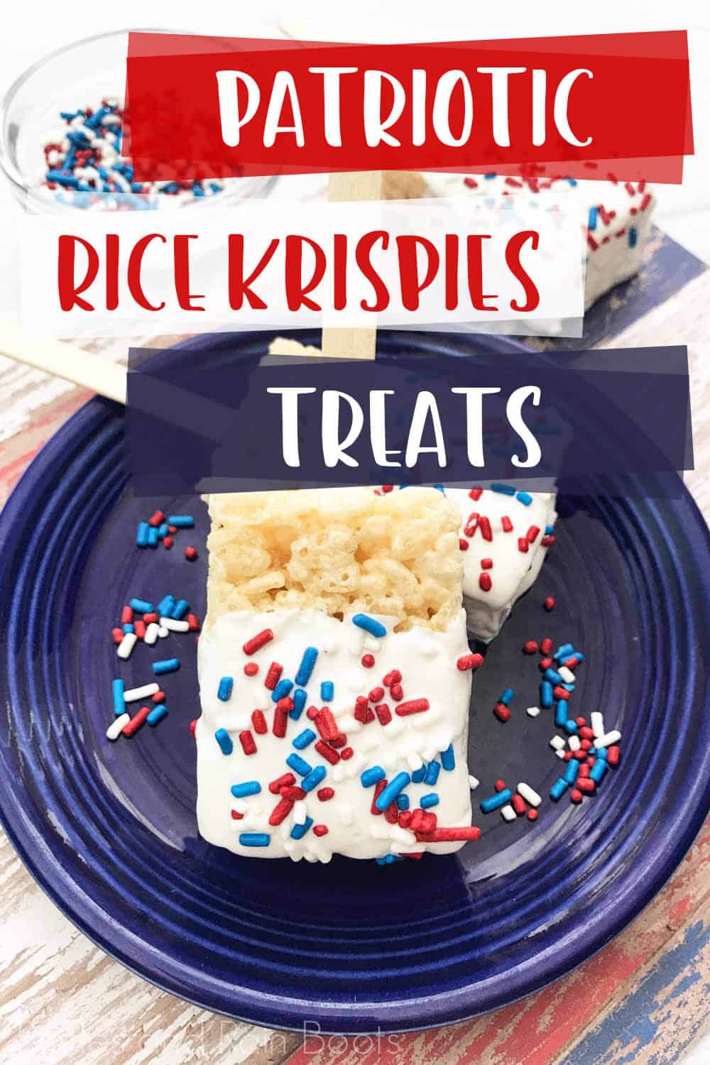 text overlay which reads patriotic rice krispies treats over image of red white and blue rice krispies treats on a blue plate on a multicolored wood table