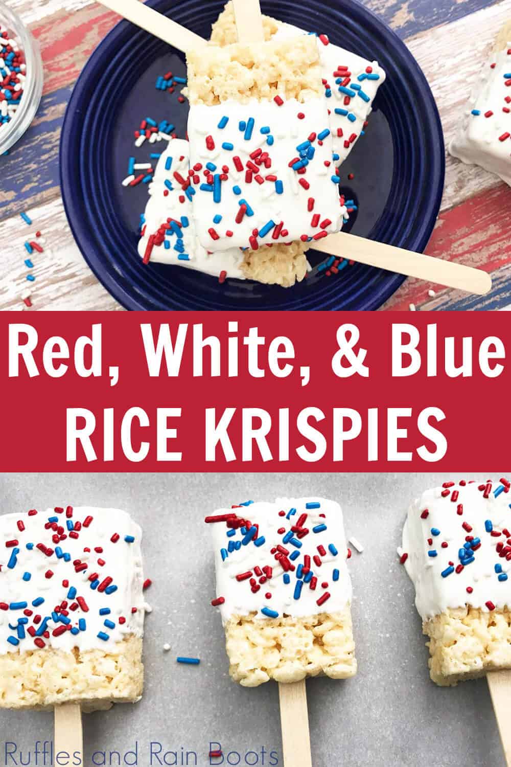 photo collate of easy july 4th dessert with text which reads red, white and blue rice krispies