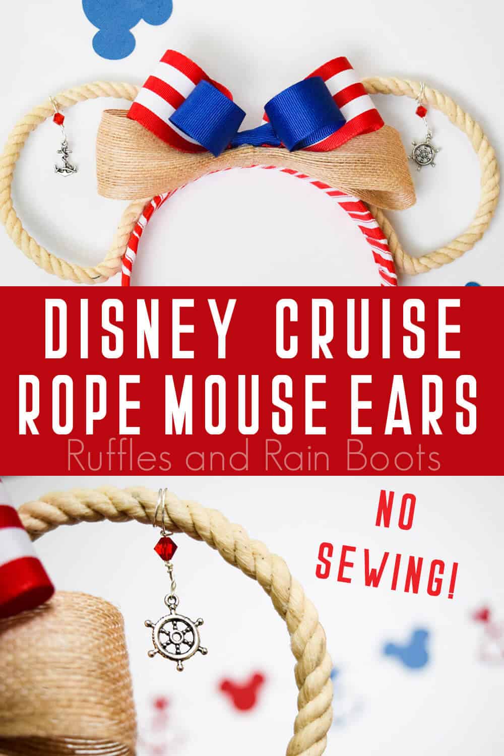 collage of adorable open rope MIckey ears with text which reads no sewing Disney Cruise Rope Mouse Ears