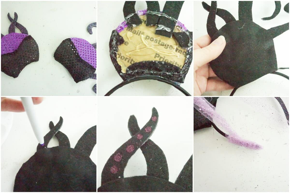 photo collage of how to make add details to ursula mickey ears