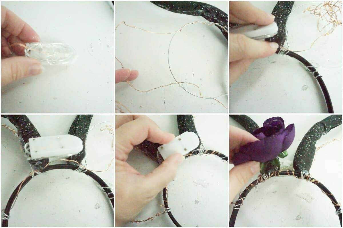 photo collage of how to make light-up maleficent mickey ears for disney
