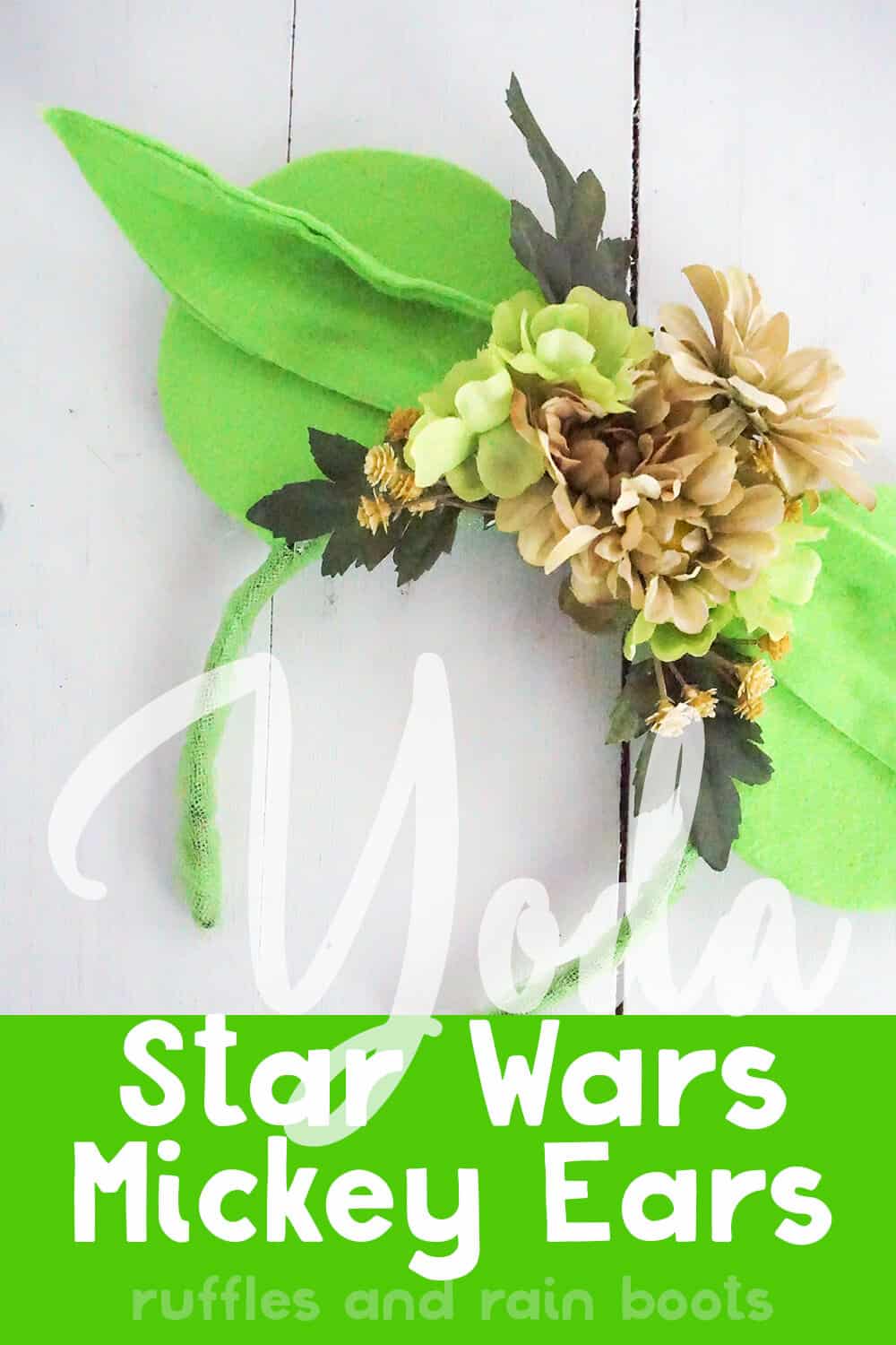 how to make yoda ears for disney on a white wood background with text which reads yoda star wars mickey ears