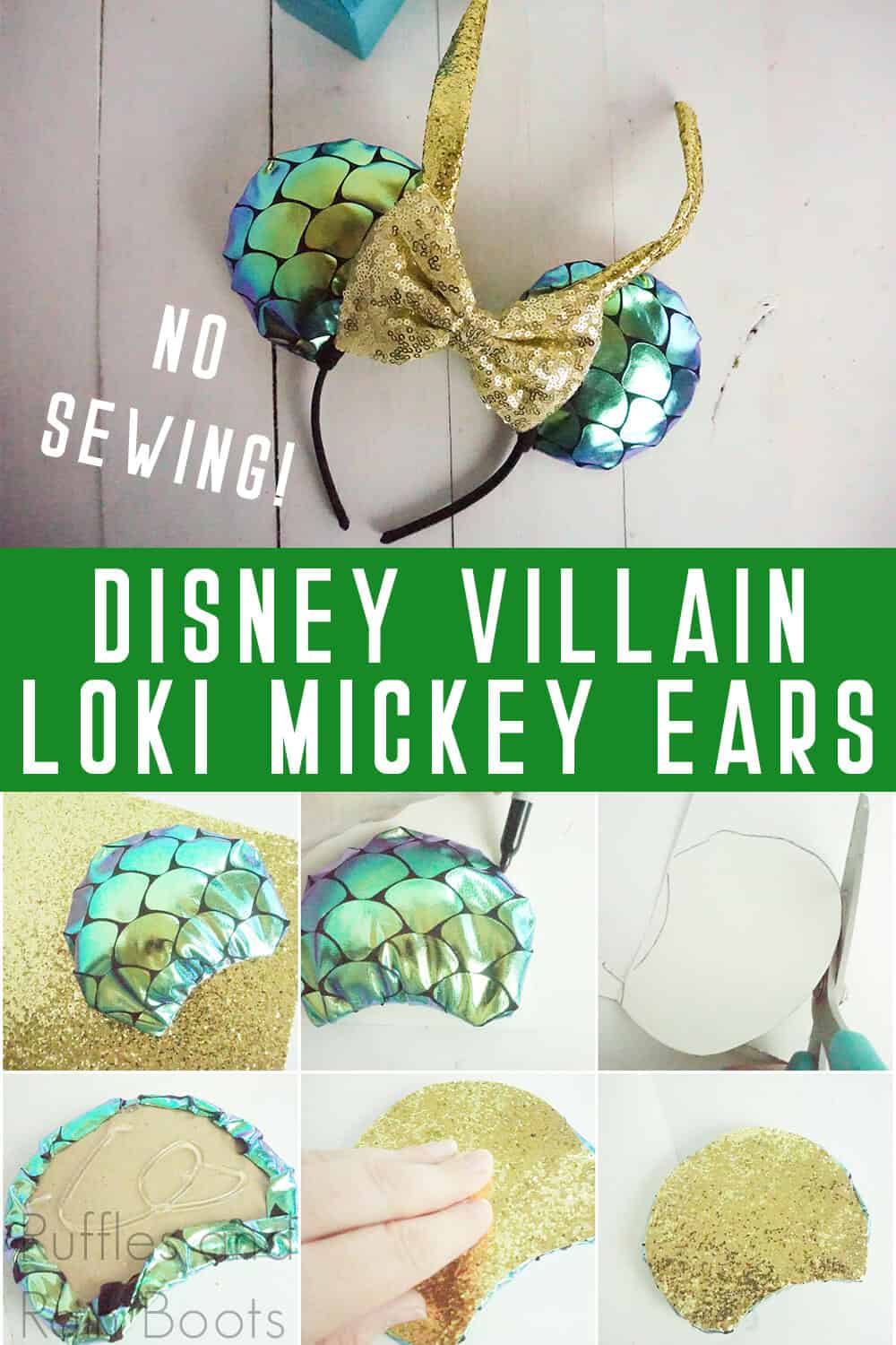 photo collage of how to make no sew disney villain mickey ears loki with text which reads disney villain loki mickey ears no sewing
