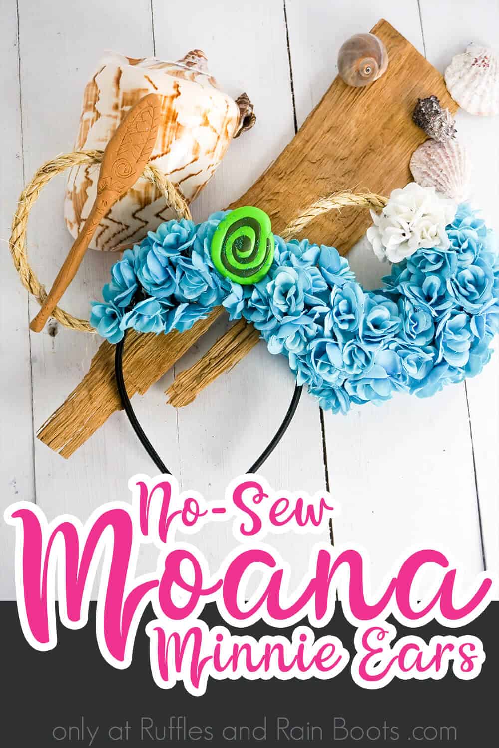 disney princess moana mickey ears on a white wood background with drift wood and shells with text which reads no-sew moana minnie ears