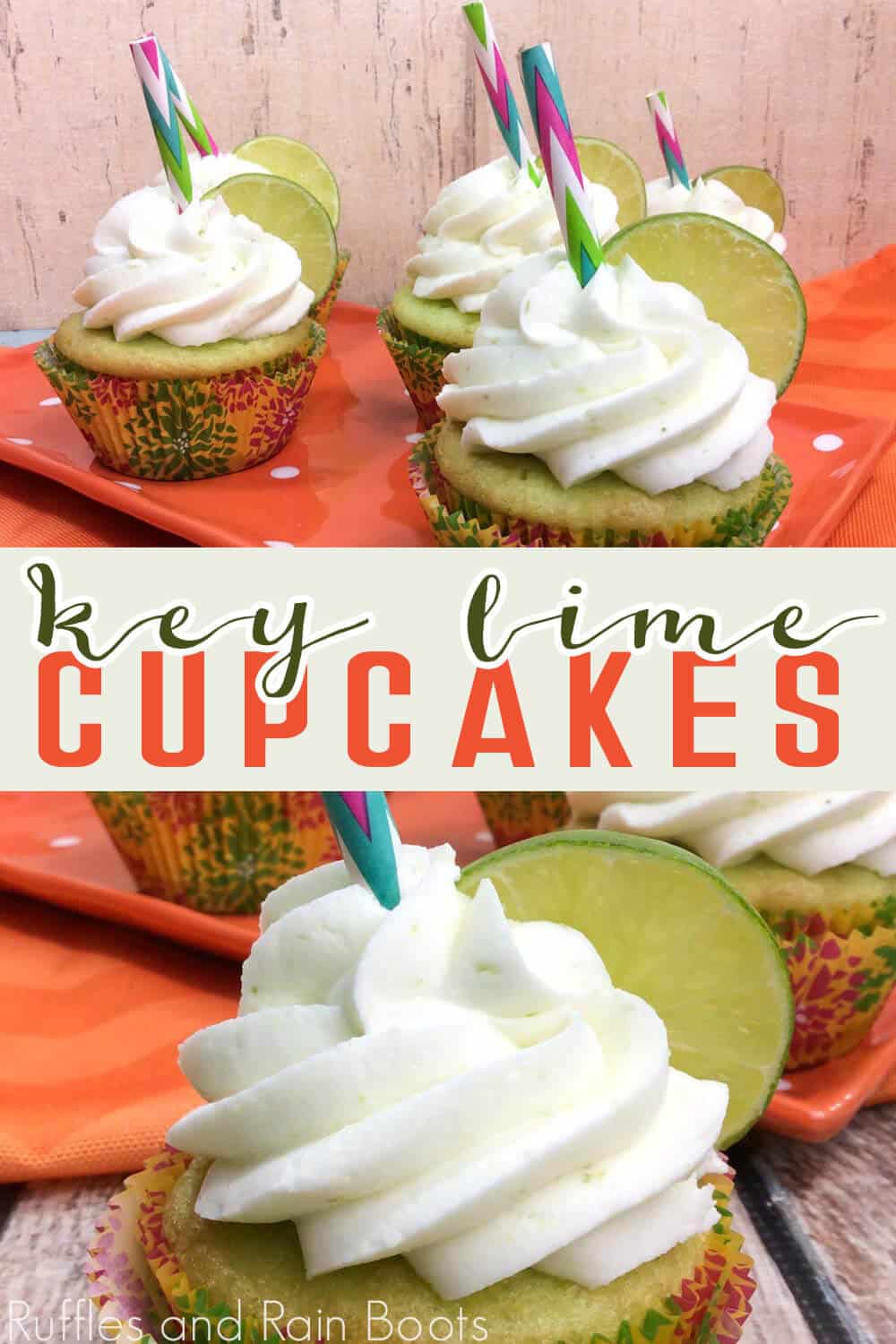 photo collage of summer key lime cupcake recipe with text which reads key lime cupcakes