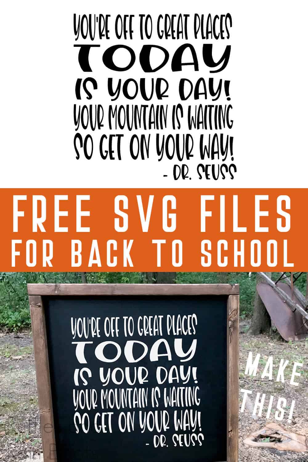 photo collage of Dr. Seuss SVG for Cricut on a chalkboard sign with text which reads free svg files for back to school