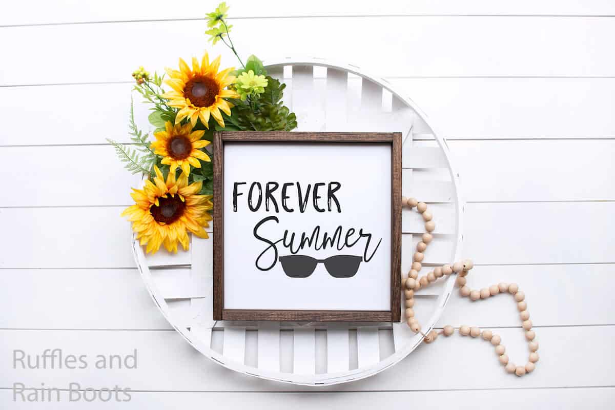 Forever Summer free summer cut file for Silhouette on Wall Sign with sunflowers and woven basket on a white background