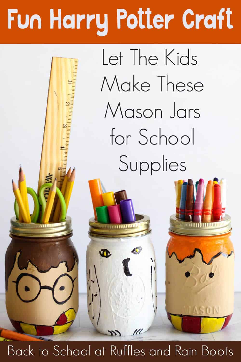 harry potter mason jar crafts idea for kids with text which reads fun harry potter craft let the kids make these mason jars for school supplies