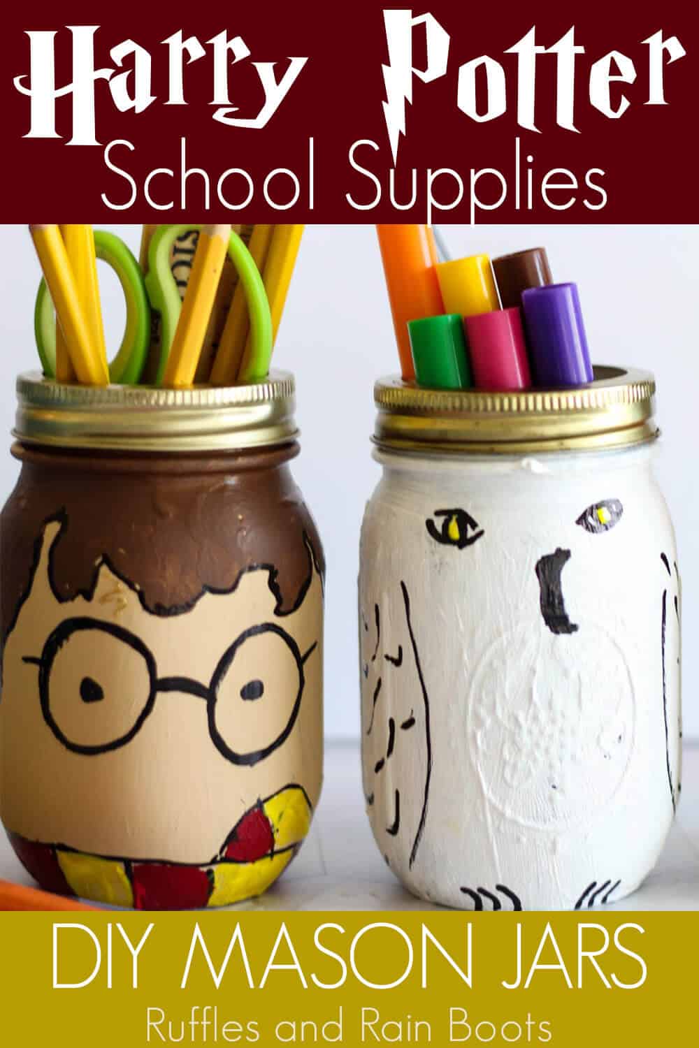 harry potter mason jar craft idea for school supplies with text which reads harry potter school supplies diy mason jars