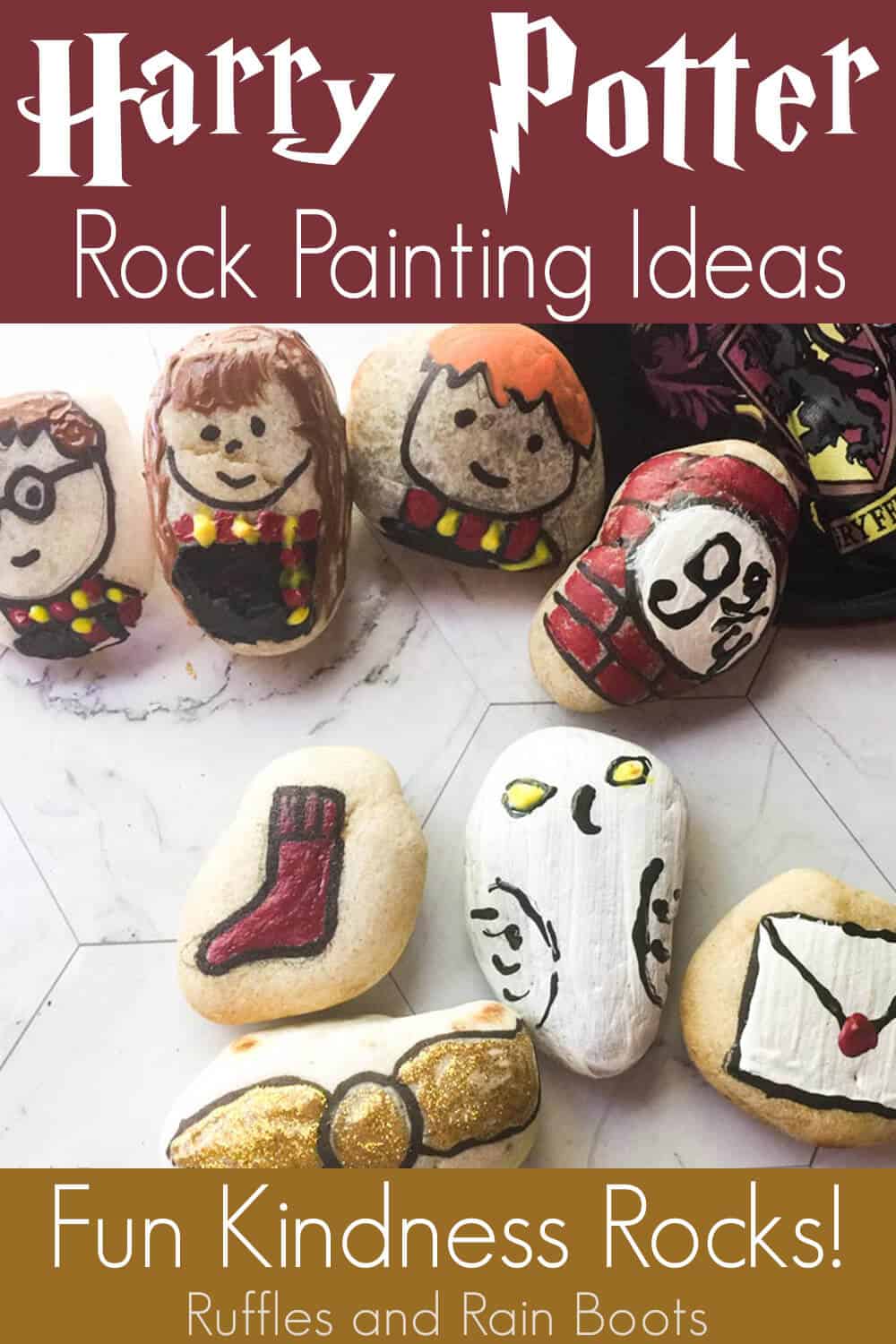 harry potter painted rock ideas on a white background with text which reads harry potter rock painting ideas fun kindness rocks!