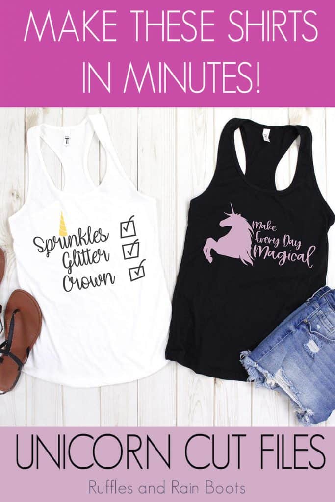 sprinkles glitter crown free unicorn svg file on a white tank top and a make everyday magical free unicorn svg file on a black tank top with text which reads make these shirts in minutes unicorn cut files