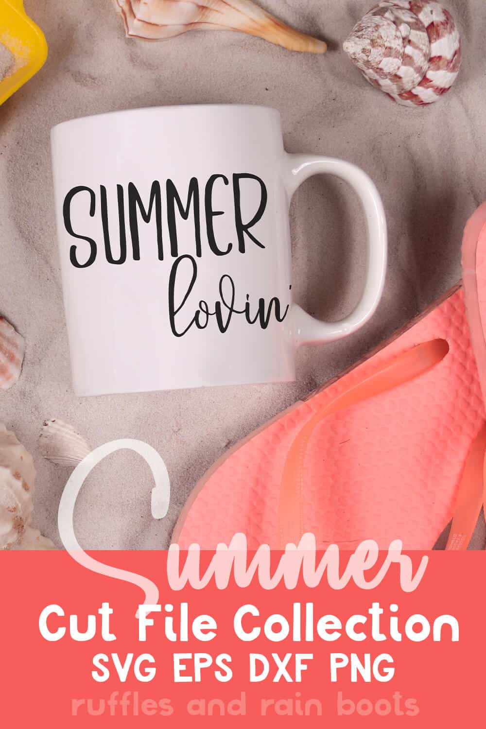 Summer Lovin' free summer svg for cut machines on a mug on sand next to flip flops with text which reads summer cut file collection svg eps dxf png