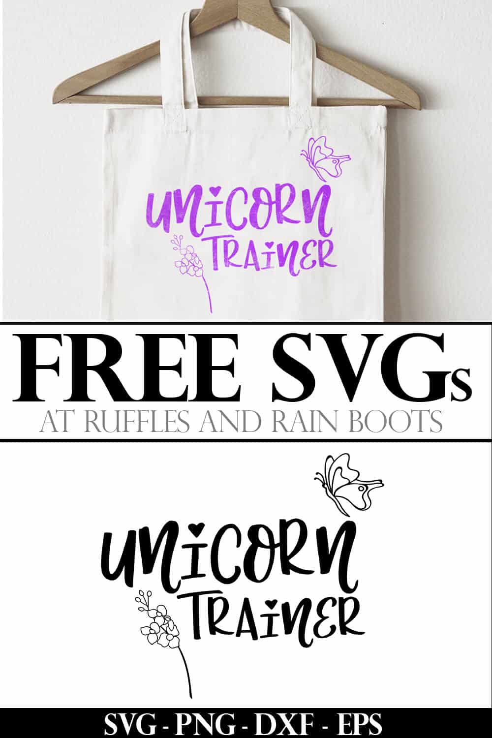 photo collage of unicorn trainer free unicorn svg on a beach bag with text which reads free svgs