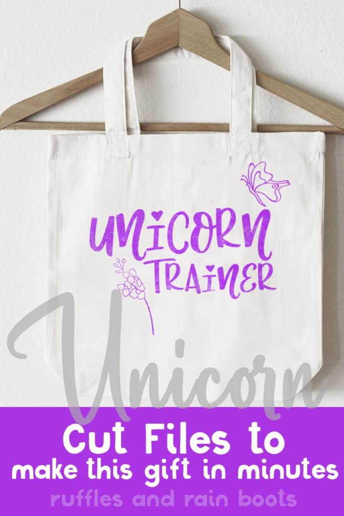 unicorn trainer free unicorn cut file for cricut on a beach bag hanging on a wood hanger on a white background with text which reads unicorn cut files to make this gift in minutes