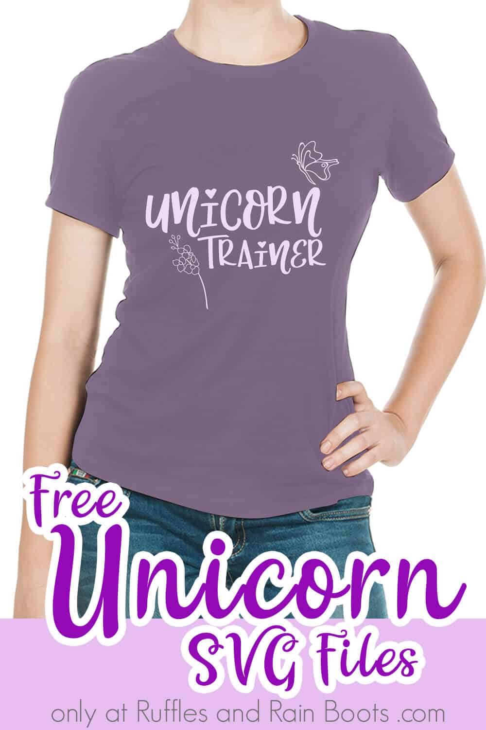 Unicorn Trainer free unicorn svg for cricut on a purple ladies t-shirt worn by a lady with text which reads free unicorn svg files