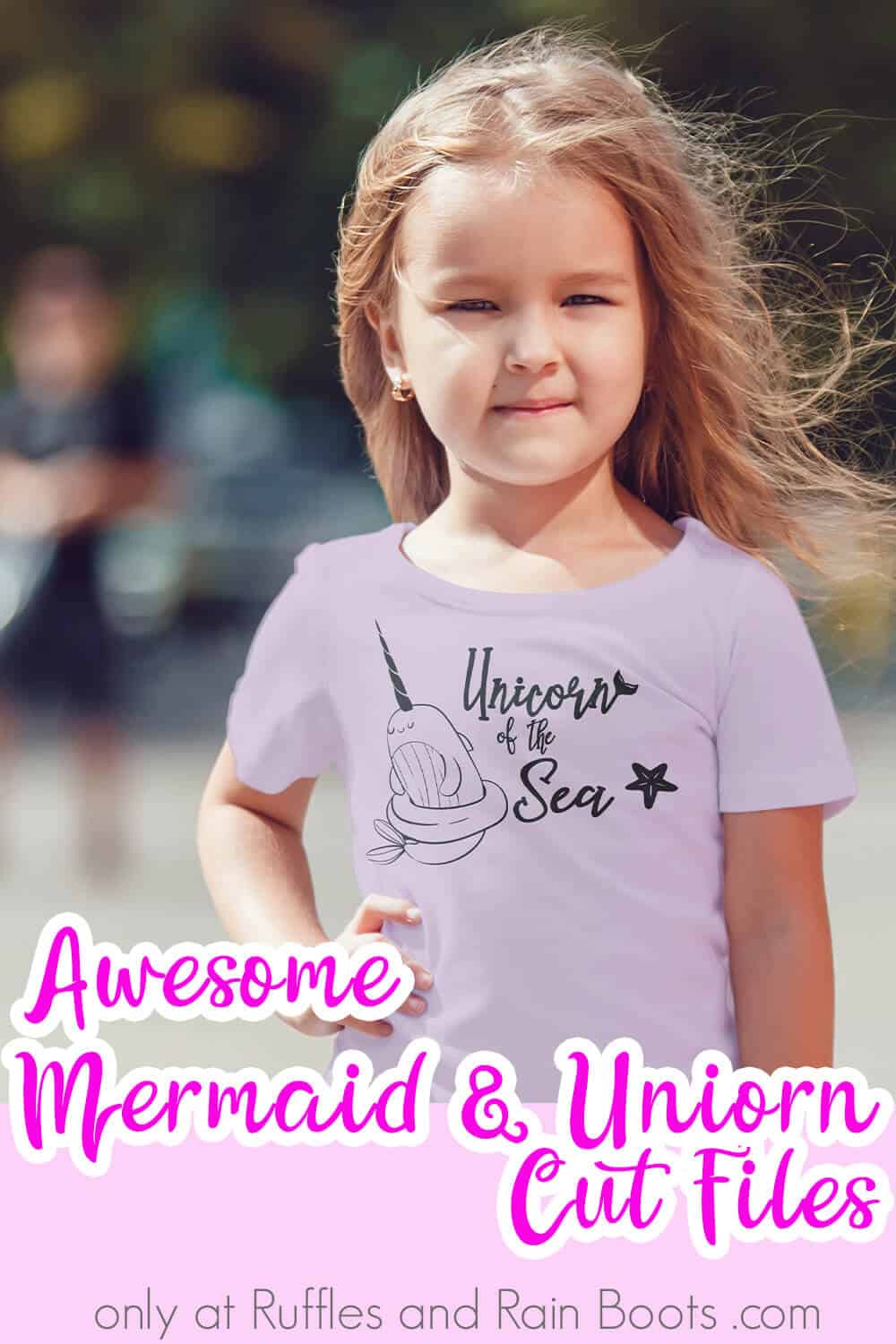 unicorn of the sea nharwal svg on a shirt worn by a little girl in front of a blurred, crowded street with text which reads awesome mermaid & unicorn cut files