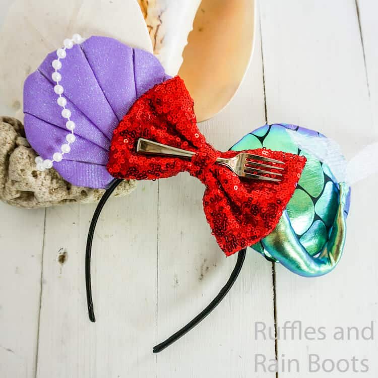 easy little mermaid mickey ears for disney on a white wood background with sea shells