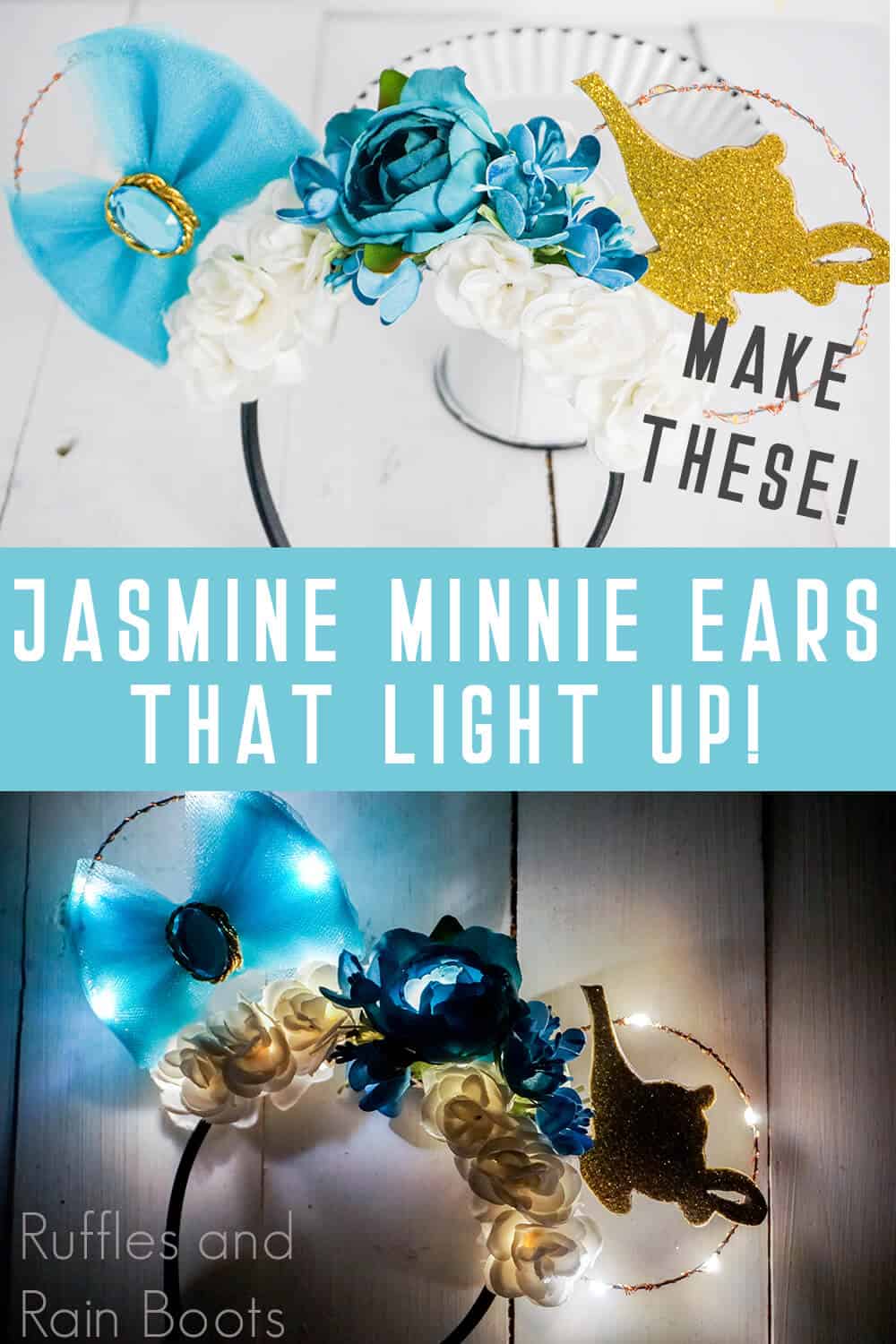 photo collage of floral light-up jasmine mickey ears glowing in the dark and on a white background with text which reads make these! jasmine minnie ears that light up