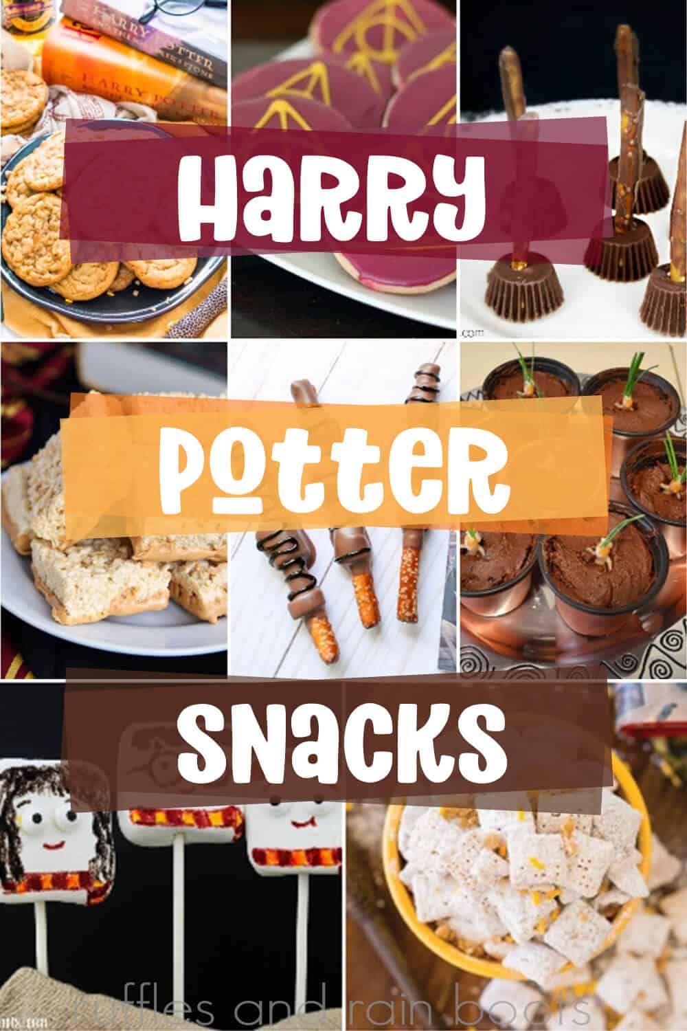 photo collage with text overlay which reads harry potter party snacks