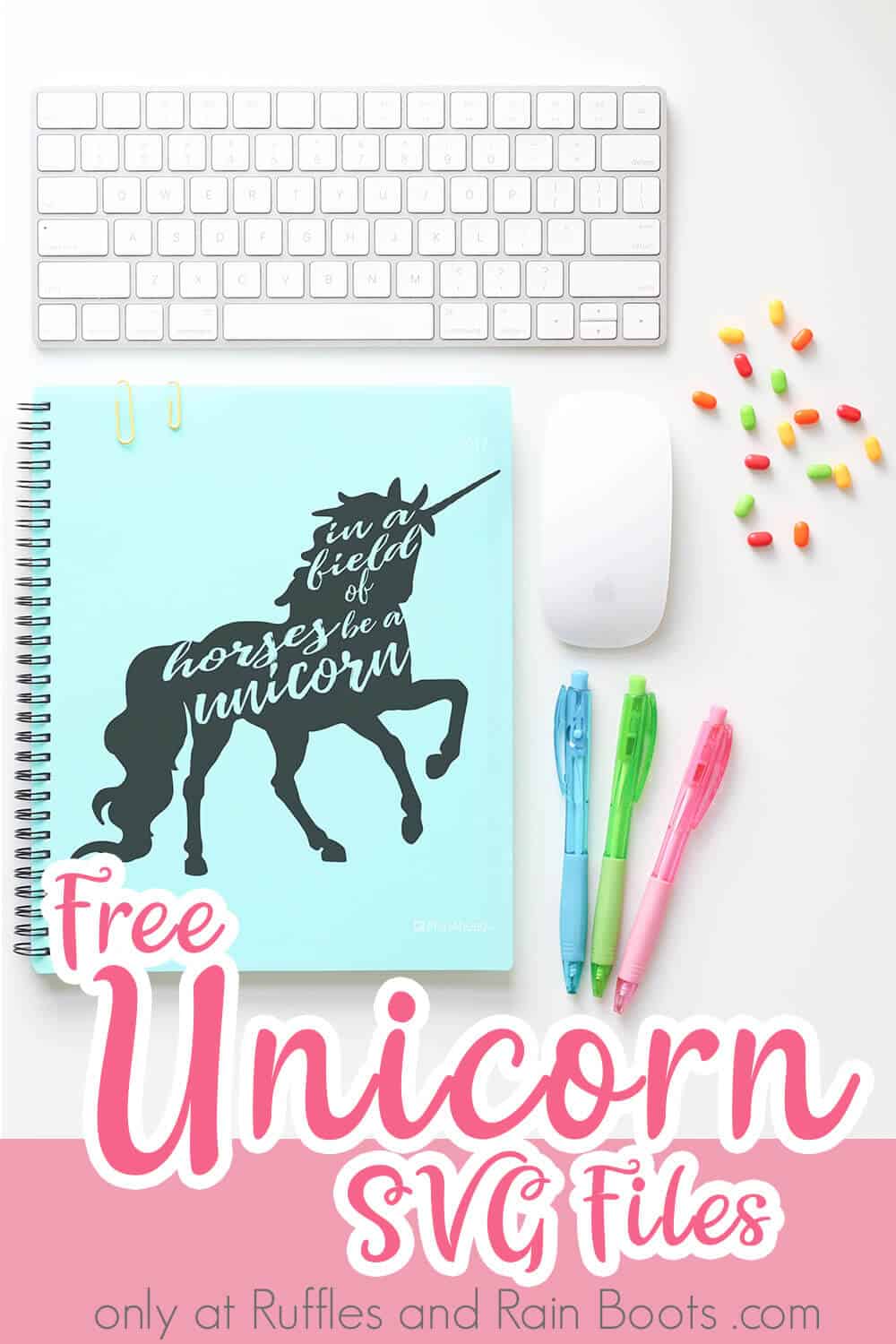 in a field of horses be a unicorn svg for cricut on notebook with text which reads free unicorn SVG files