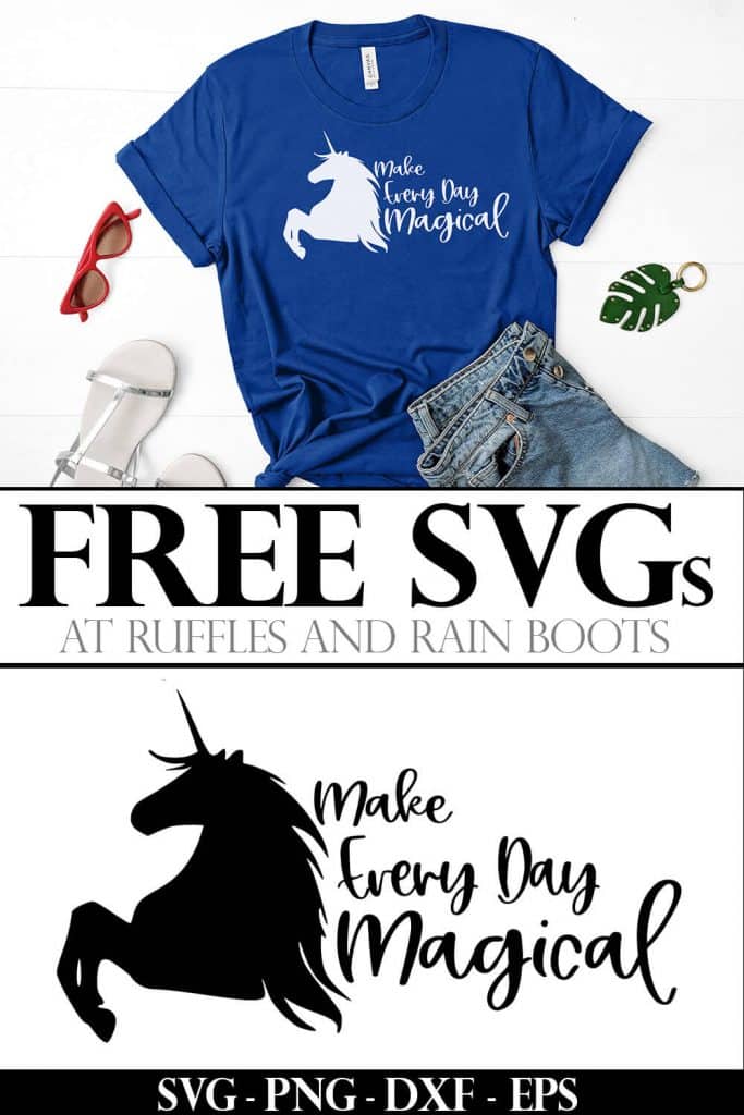 photo colage of make everyday magical free unicorn svg for cricut on t-shirt with text which reads free svgs