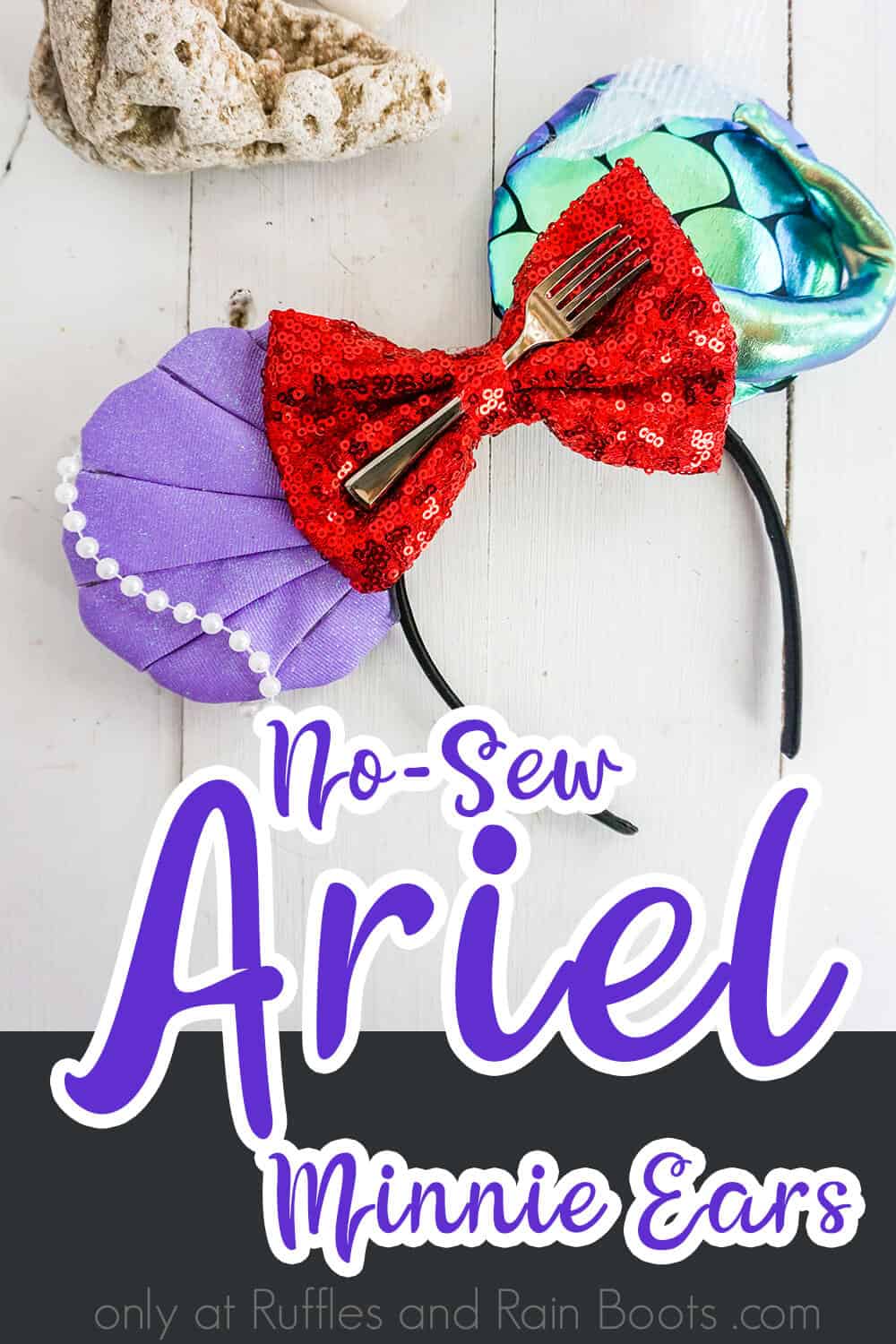 disney princess mickey ears for disney for the little mermaid on a white wood background with a piece of coral with text which reads no-sew ariel minnie ears