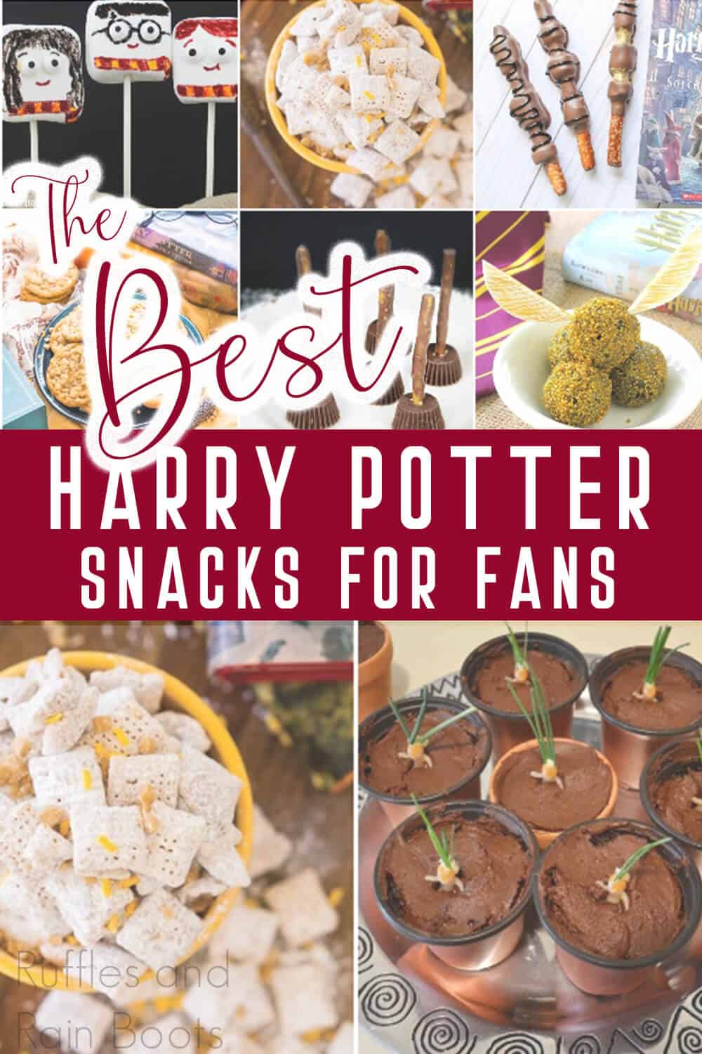 photo collage of harry potter snack ideas with text which reads the best harry potter snacks for a harry potter party