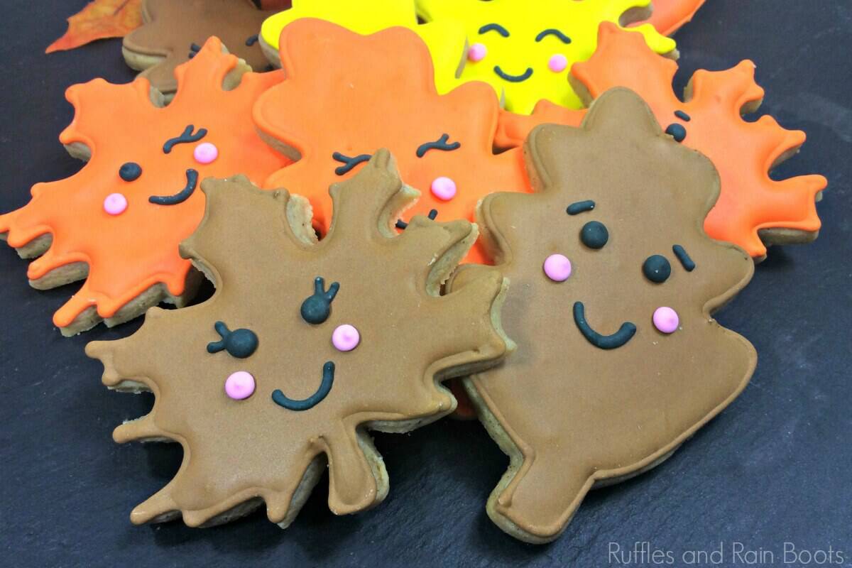 Adorable Kawaii Fall Leaf Cookies for Kids on a black table