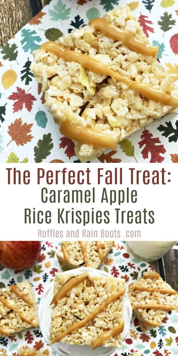 photo collage of Caramel Apple Krispies - Fall Treat for Kids with text which reads the perfect fall treat: caramel apple rice krispies treats