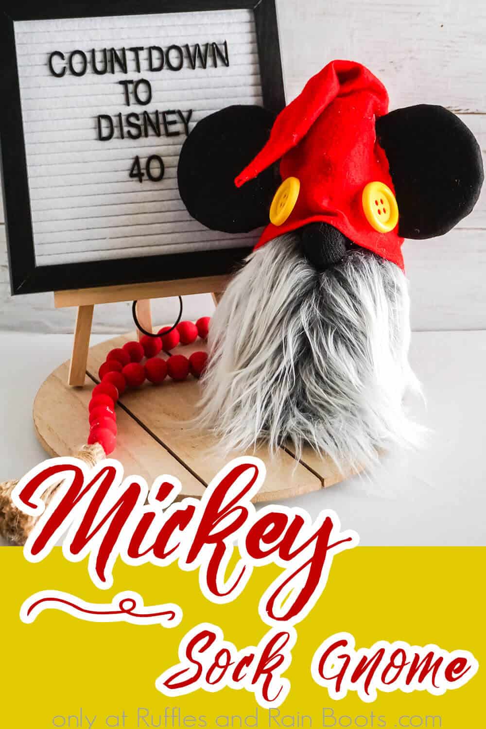 easy diy no-sew gnome tutorial to make a mickey gnome with a sock with text which reads mickey sock gnome