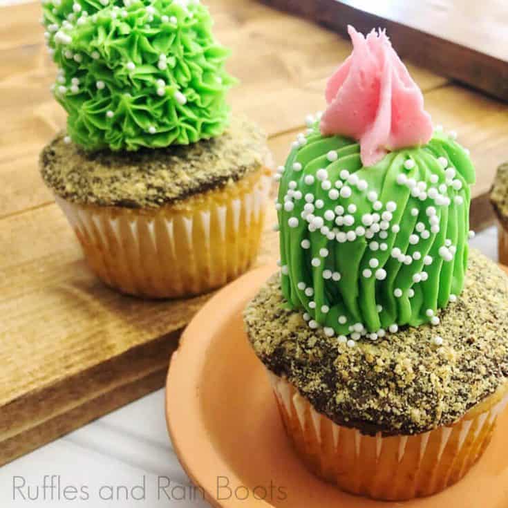 side view of Easy Cactus Cupcakes on a planter base on a wood background
