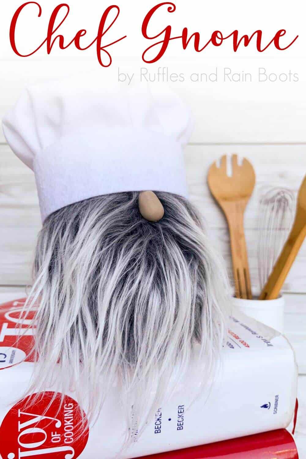 adorable gray and white bearded chef gnome sitting on cookbooks with text which reads chef gnome by ruffles and rain boots