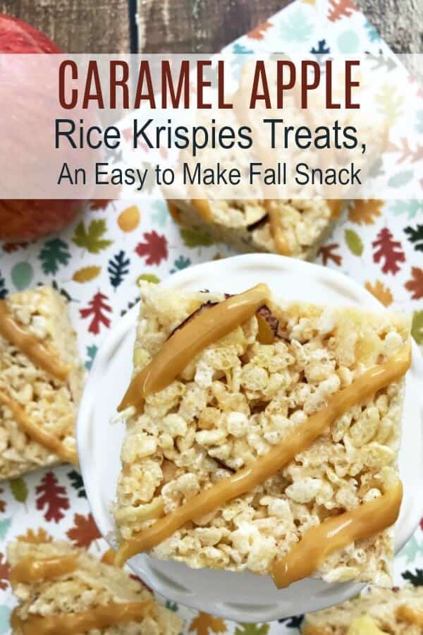 Easy to Make Snacks for Kids Caramel Apple Rice Krispies Recipe with text which reads caramel apple rice krispies treats an easy to make fall snack