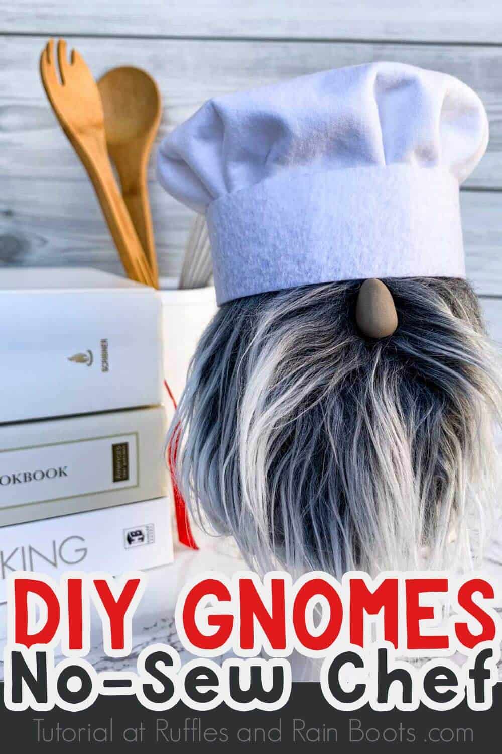 cute bearded tomte with chef toque close up with text which reads diy gnomes no sew chef