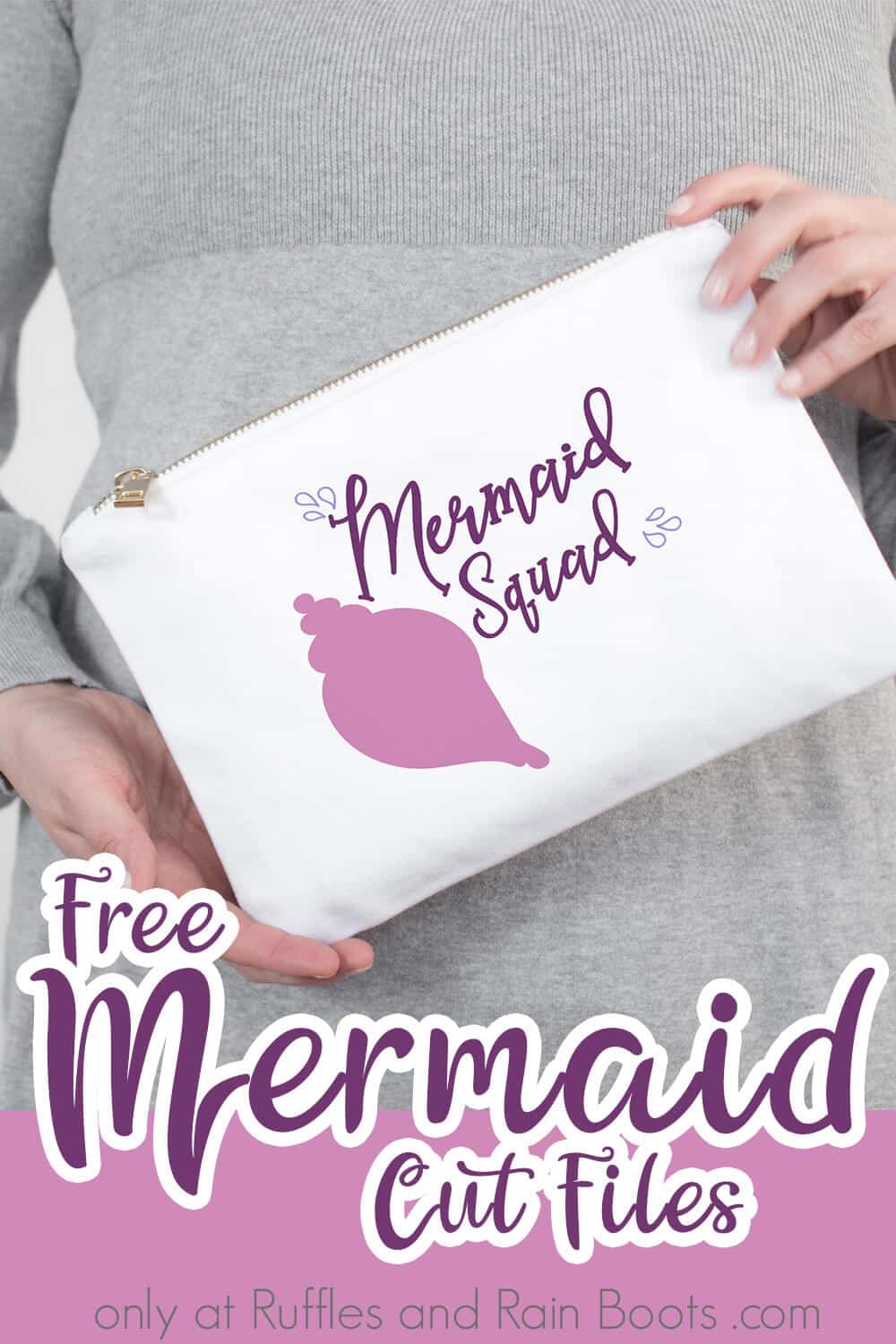 Mermaid Squad free cut file for silhouette on hand bag held by a lady with text which reads free mermaid cut files