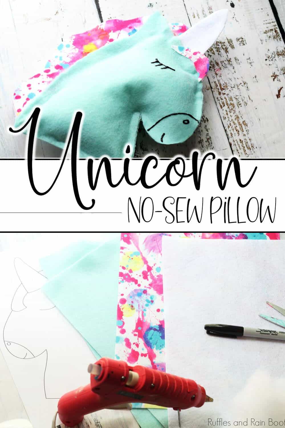 photo collage of easy kid-made unicorn pillow with text which reads unicorn no-sew pillow