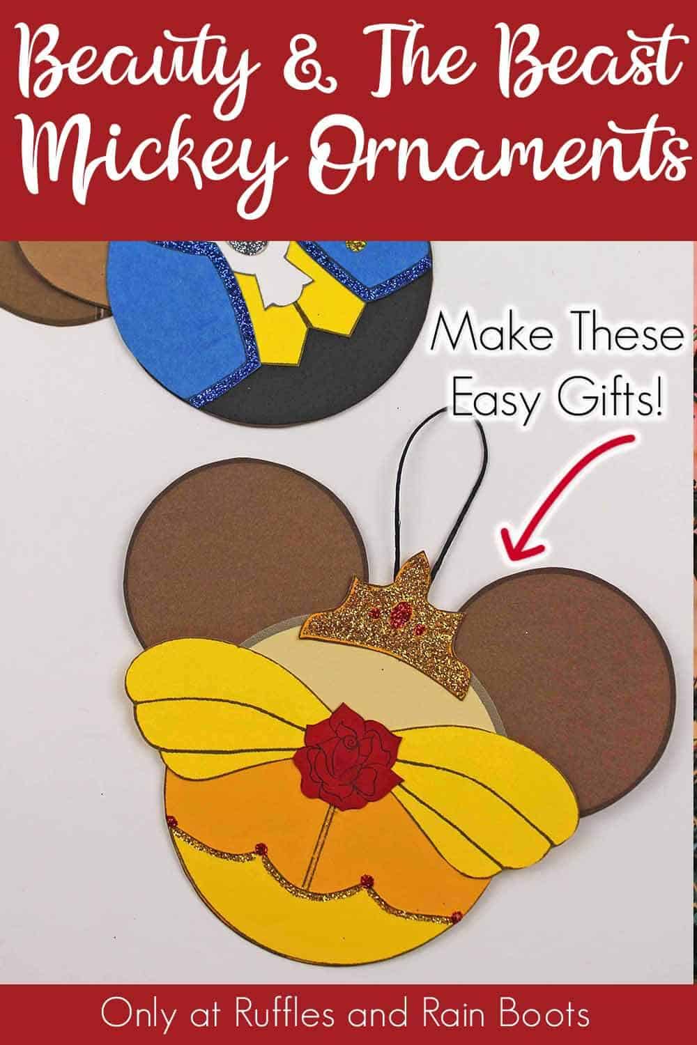 princess belle and beast christmas ornaments on a white backgroundwith text which reads beauty and the beast mickey ornaments make these easy gifts