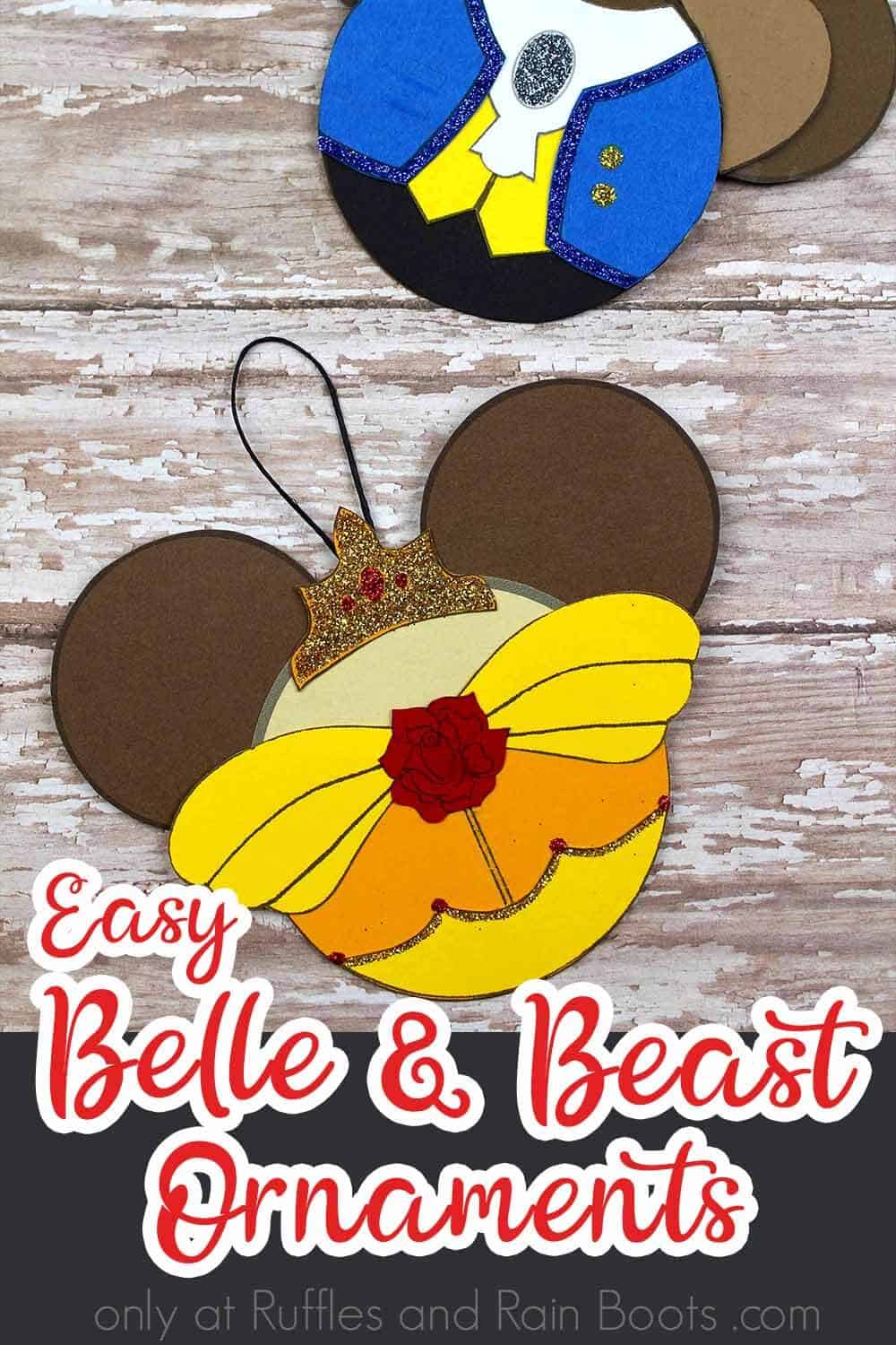 princess belle ornaments on a wood background with text which reads easy belle and beast ornaments