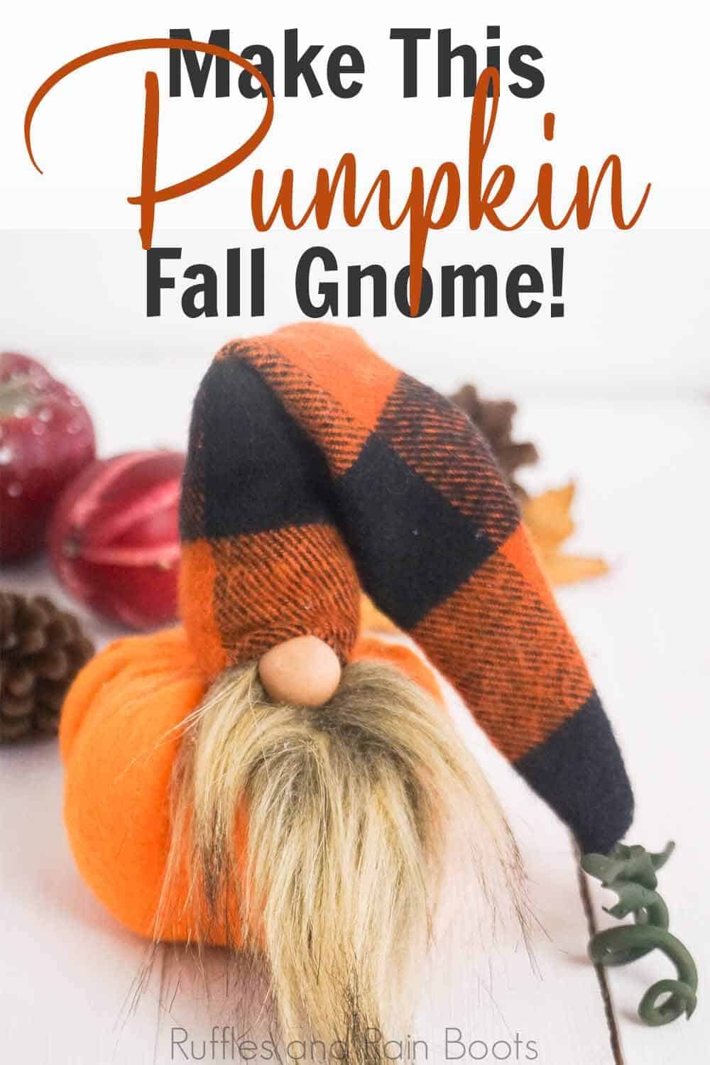 fall buffalo check gnome on a white background with text which reads make this fall pumpkin gnome