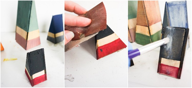 Horizontal collage photo tutorial of crafter sanding and assembling wood gnomes