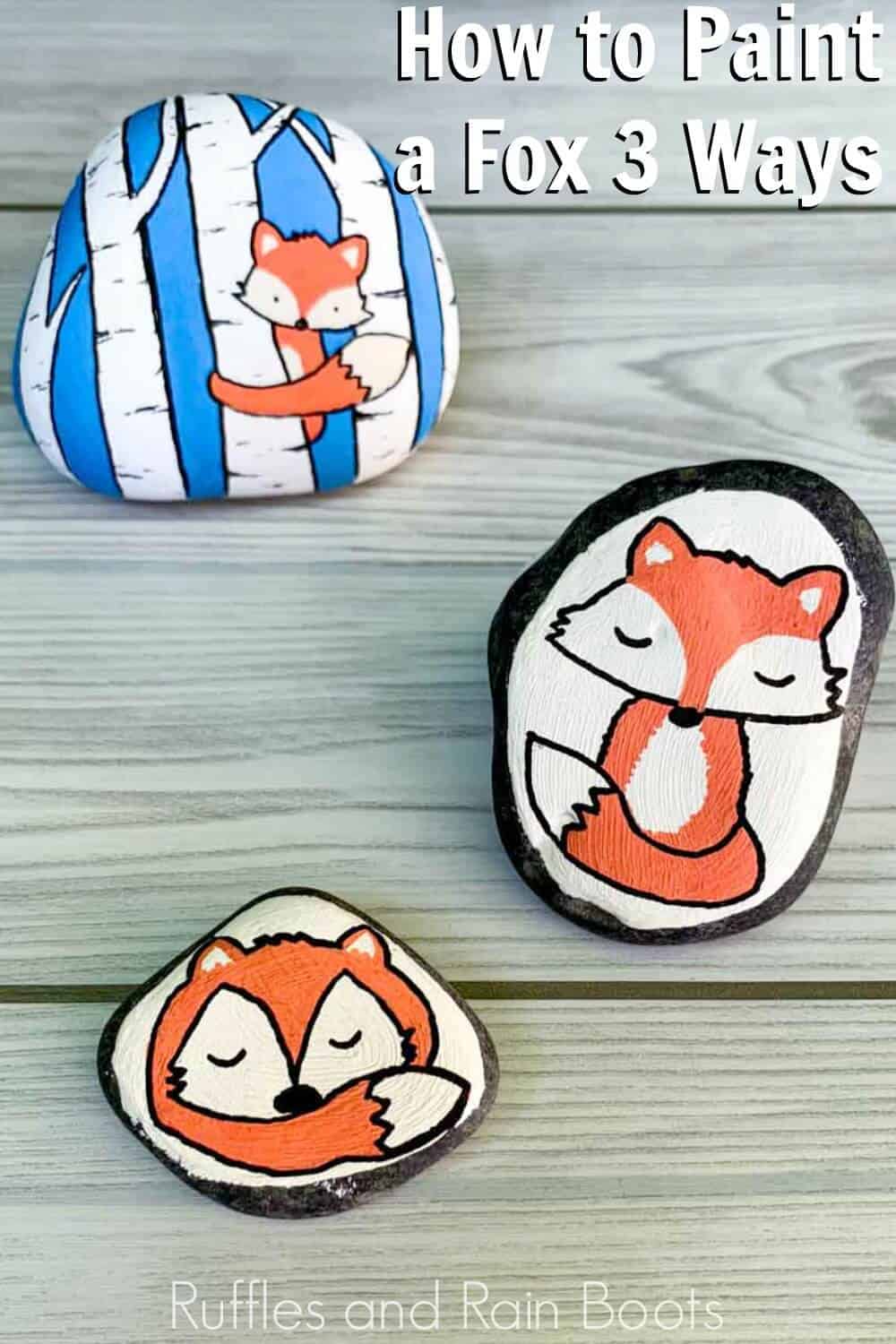 Sitting fox rock painting, sleeping fox rock painting, and peek-a-boo fox in the forest rock painting on wood background.