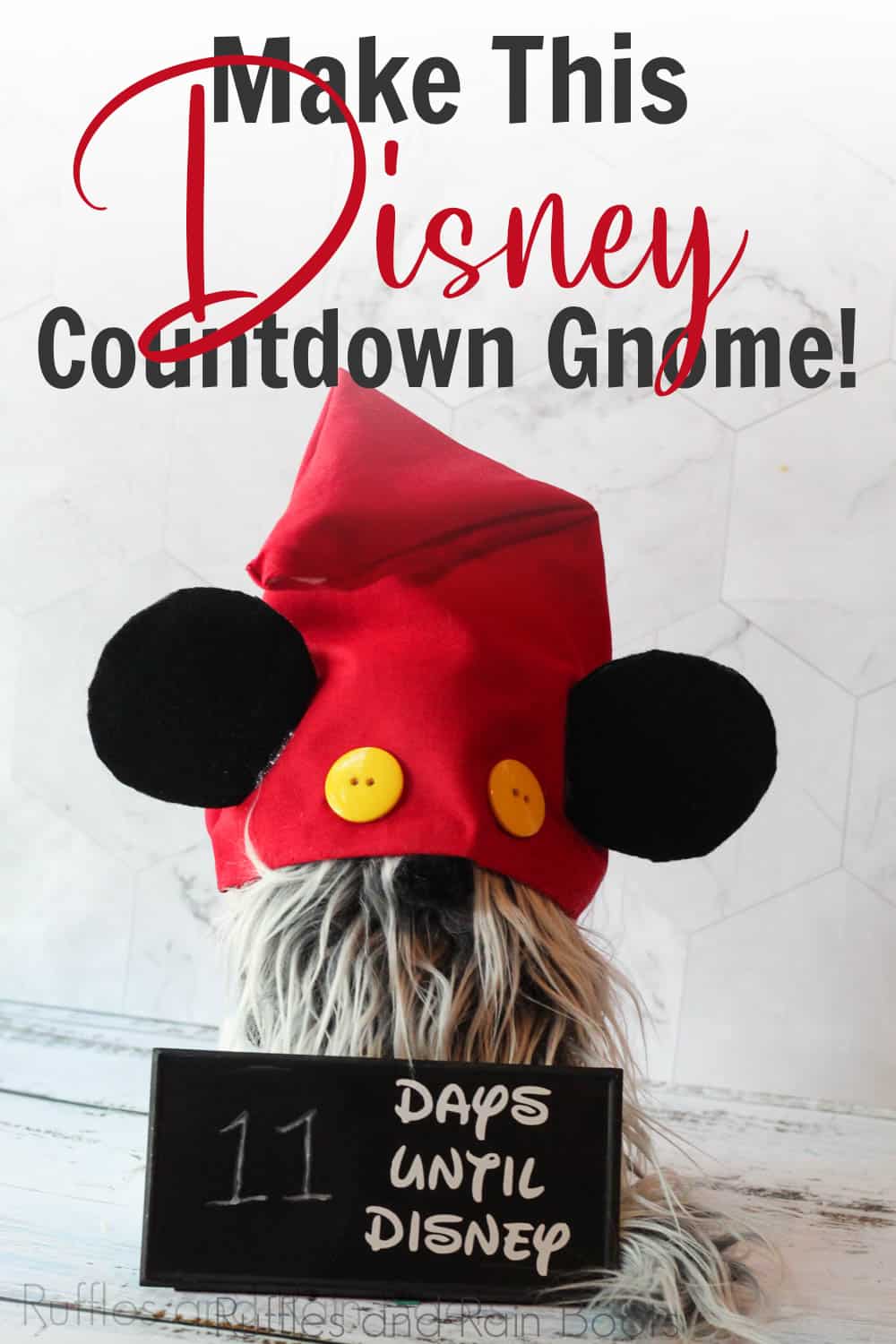 no-sew pattern for mickey mouse gnome with text which reads make this Disney countdown gnome