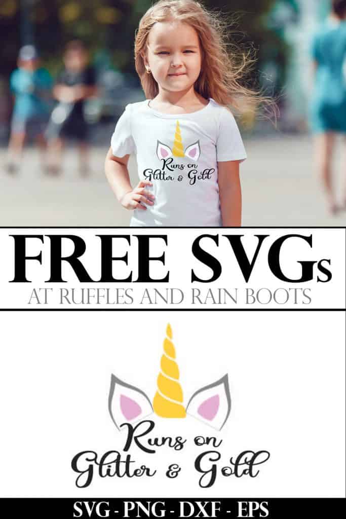 photo collage of runs on glitter and gold free unicorn file for cutting machines on kid tshirt with text which free svgs
