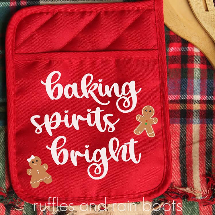 square image of close up red potholder neighbor Christmas baking gift made with Cricut and free SVG files