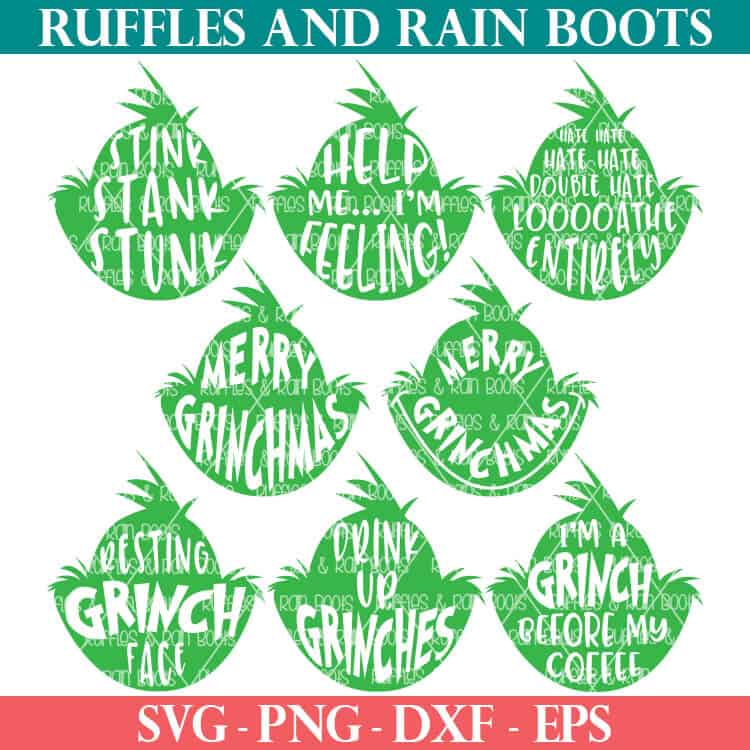 8 free grinch head svg and cut file set for cricut and silhouette machines from ruffles and rain boots