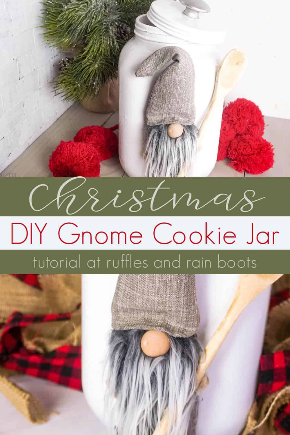 photo collage of DIY Gnome Cookie Jar Upcycle with text which reads christmas diy gnome cookie jar